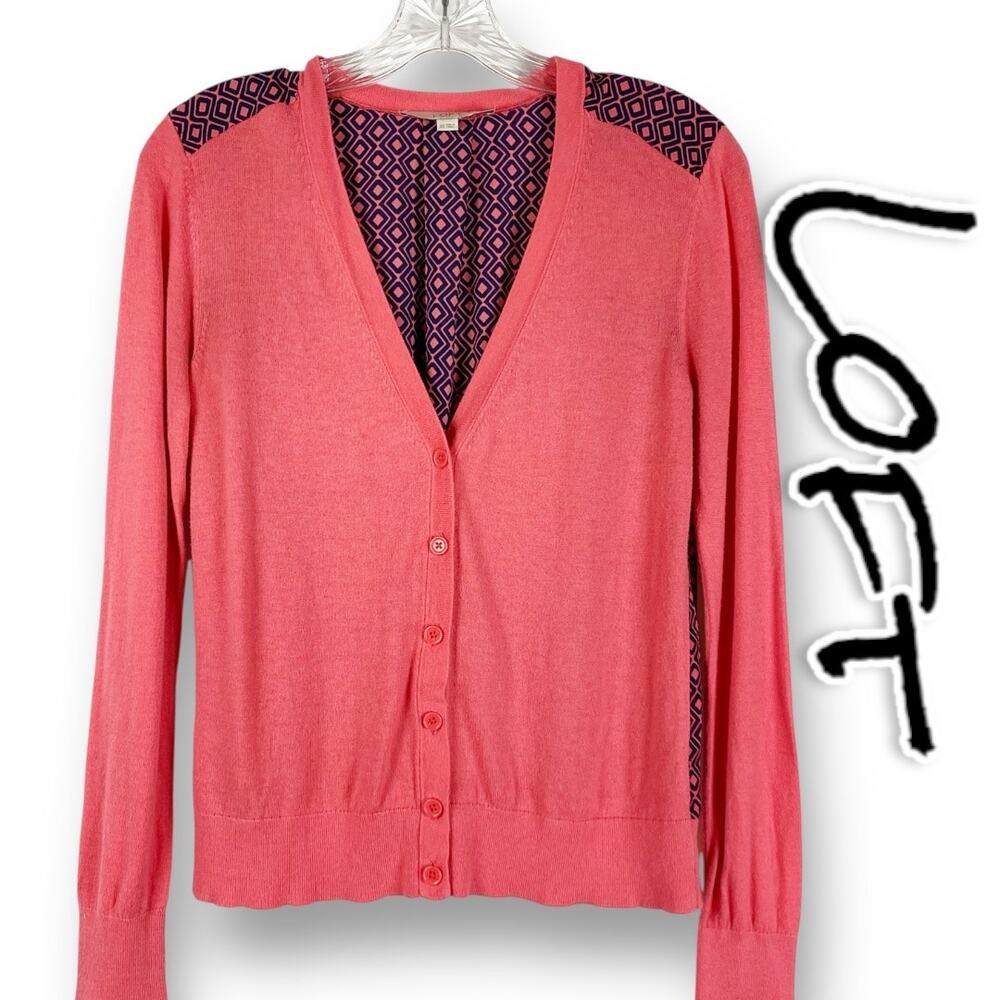 Loft Ann Taylor Salmon Pink & Blue Button Front Cardigan Sweater Womens Size XS